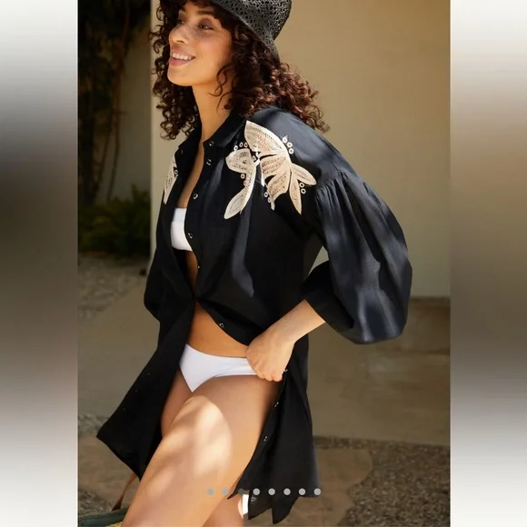 Anthro Embroidered Black Cover Up Dress Cotton Oversized Boho Beach - Picture 4 of 16